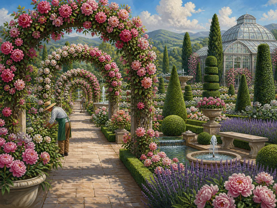 Jade Topiary Walk, an illustrated secret gardens jigsaw puzzle scene