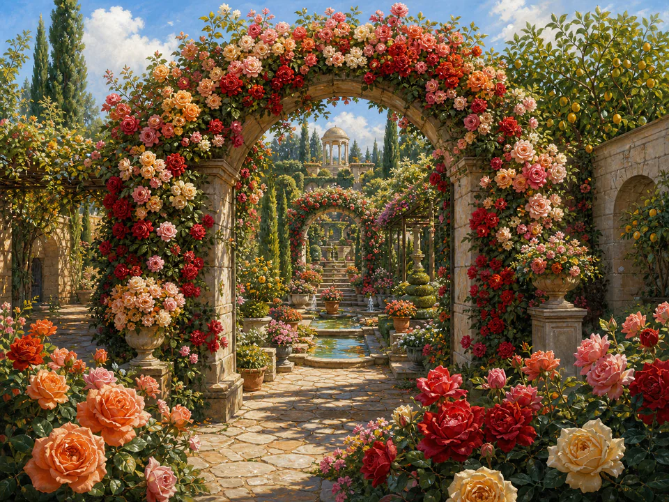 Morning Garden Arch, an illustrated secret gardens jigsaw puzzle scene