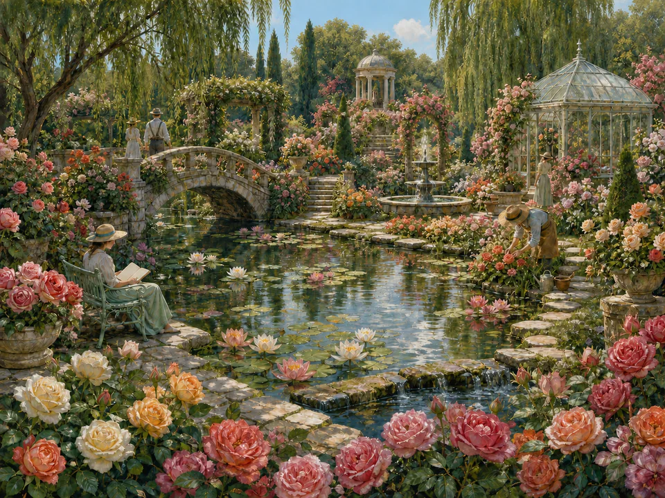Morning Lily Pond, an illustrated secret gardens jigsaw puzzle scene