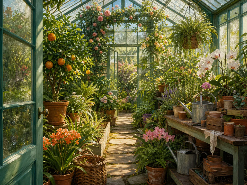 Morning Greenhouse, an illustrated secret gardens jigsaw puzzle scene