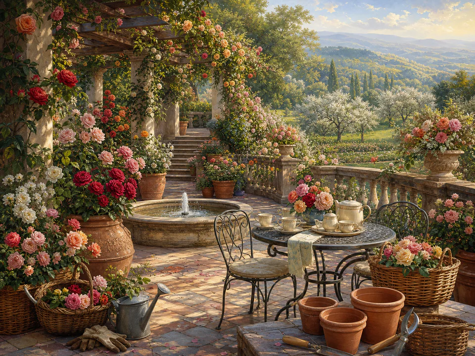 Morning Rose Terrace, an illustrated secret gardens jigsaw puzzle scene