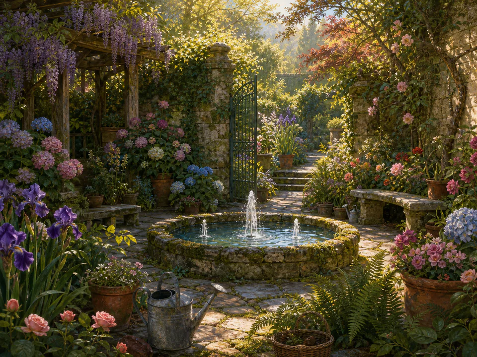 Morning Hidden Fountain, an illustrated secret gardens jigsaw puzzle scene