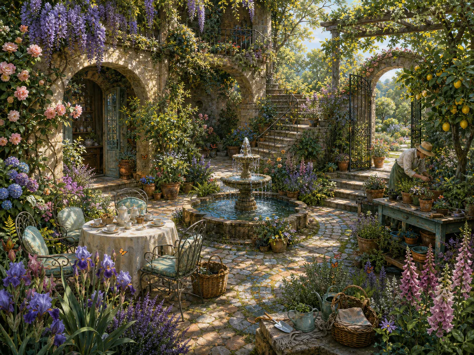Morning Courtyard, an illustrated secret gardens jigsaw puzzle scene