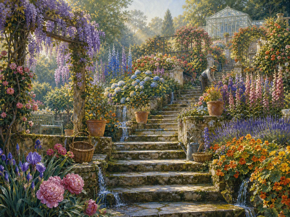 Morning Flower Steps, an illustrated secret gardens jigsaw puzzle scene