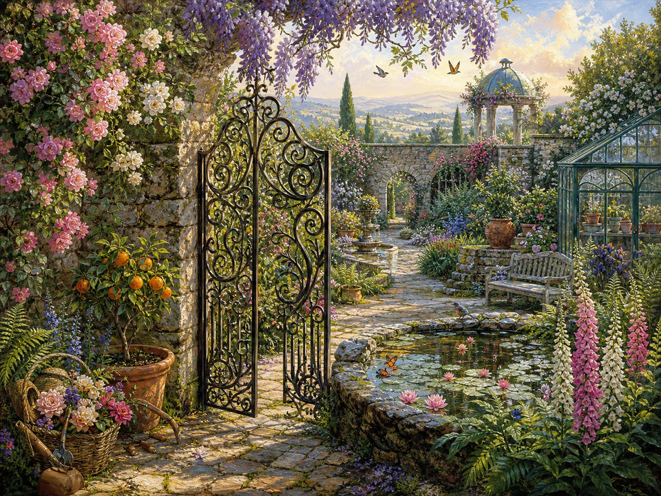 Morning Secret Gate, an illustrated secret gardens jigsaw puzzle scene